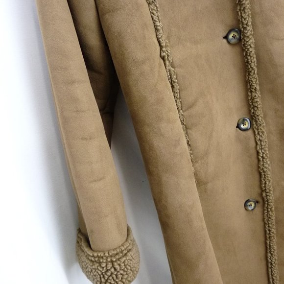 LL Bean Womens Jacket Coat Faux Suede Sherpa Lined Brown Pockets Warm Medium - Picture 5 of 13